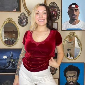 Red velvet v neck blouse